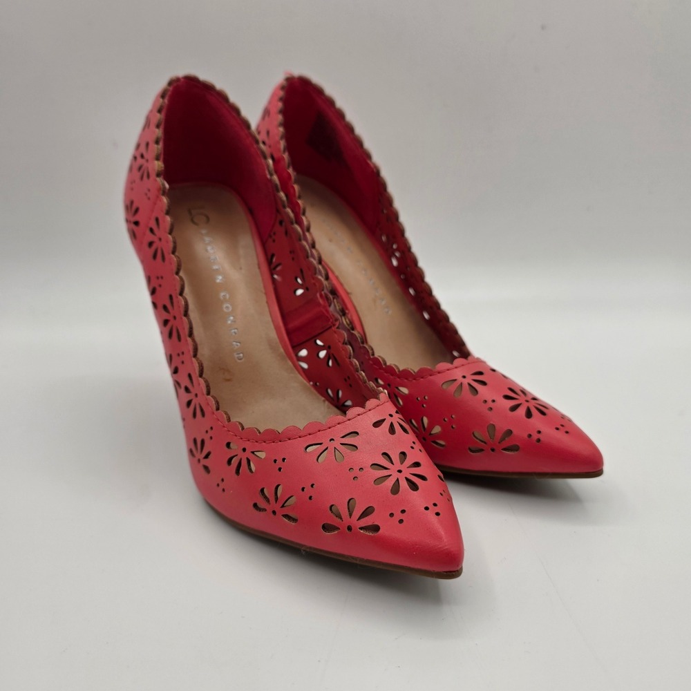 LC Lauren Conrad Confetti Coral Pink Laser Cut Scalloped Pointed Toe Pumps 8.5M